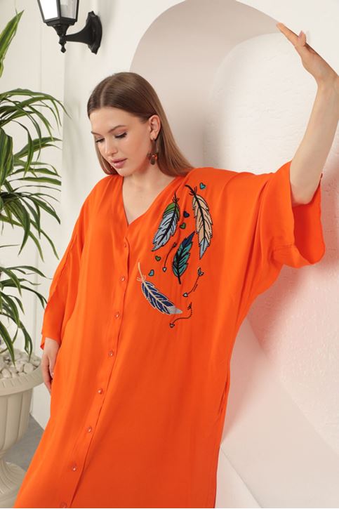 Viskon Yaprak Nakışlı Elbise-Oranj