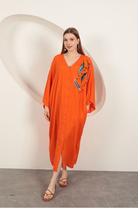 Viskon Yaprak Nakışlı Elbise-Oranj