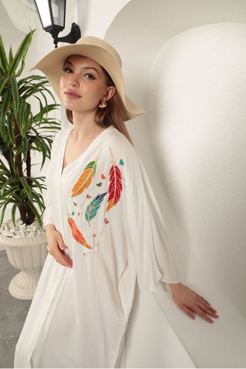 Viskon Yaprak Nakışlı Elbise-Ekru