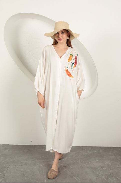 Viskon Yaprak Nakışlı Elbise-Ekru