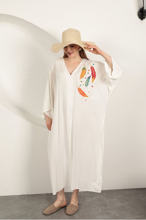 Viskon Yaprak Nakışlı Elbise-Ekru