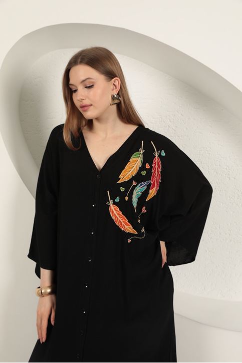 Viskon Yaprak Nakışlı Elbise-Siyah