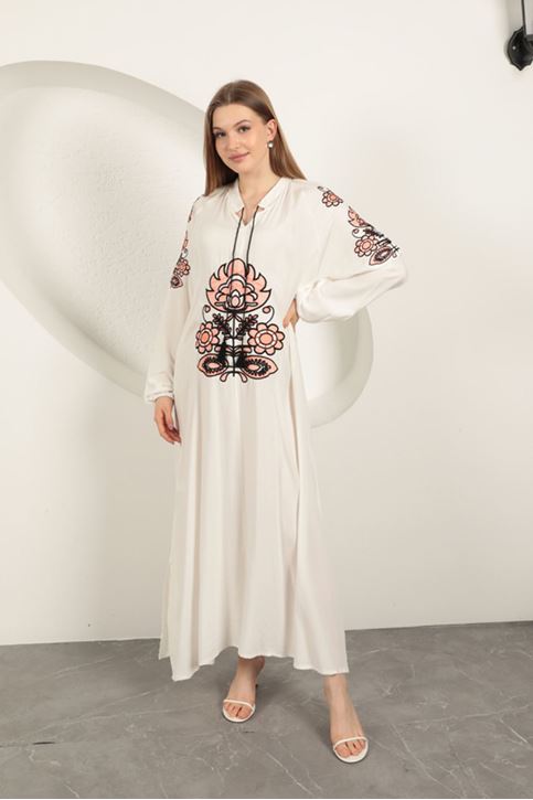 Viskon Kumaş Nakışlı Elbise-Ekru