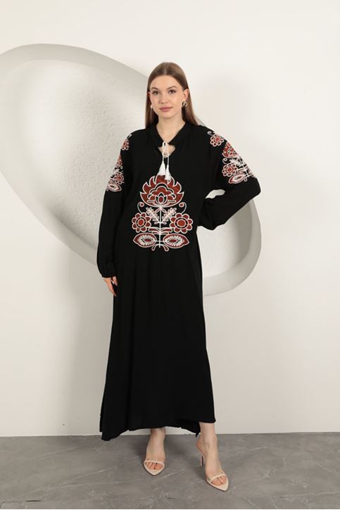 Viskon Kumaş Nakışlı Elbise-Siyah