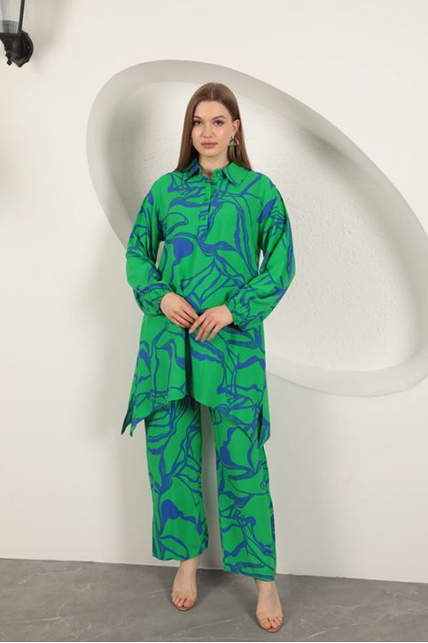 بدلة نسائية منقوشة من الفيسكوز - باللون الأخضر
