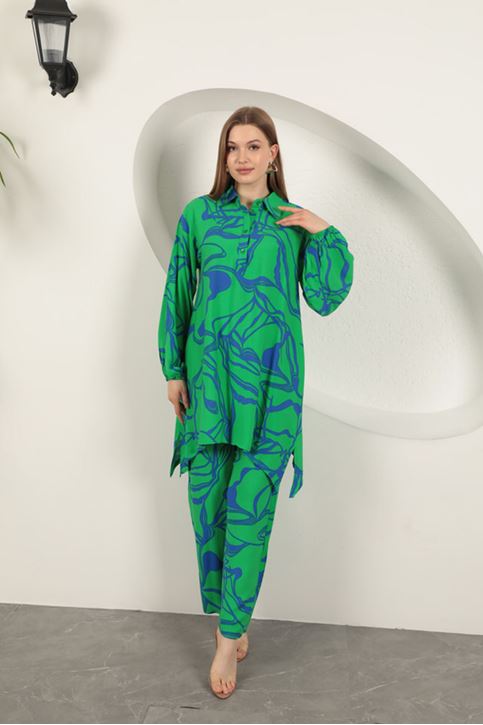 بدلة نسائية منقوشة من الفيسكوز - باللون الأخضر