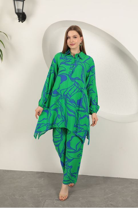 بدلة نسائية منقوشة من الفيسكوز - باللون الأخضر