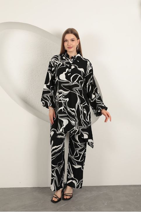 بدلة نسائية منقوشة من الفيسكوز - أسود