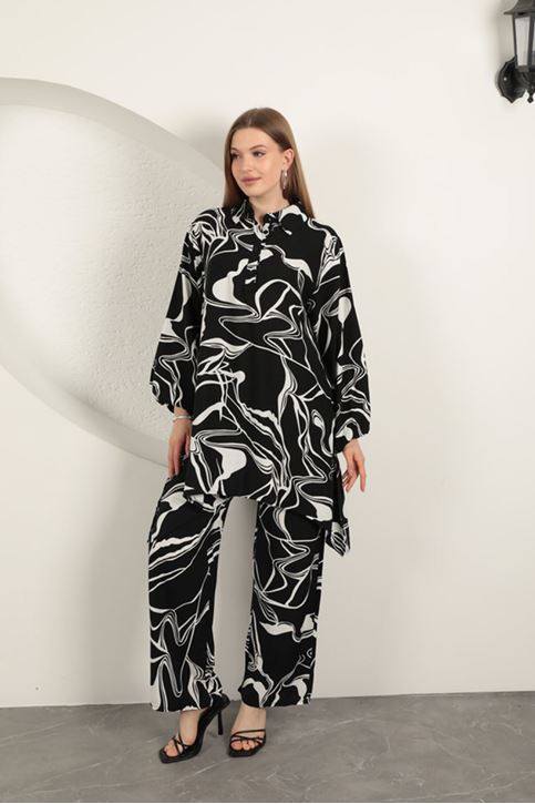 بدلة نسائية منقوشة من الفيسكوز - أسود