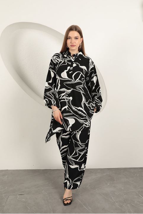 بدلة نسائية منقوشة من الفيسكوز - أسود