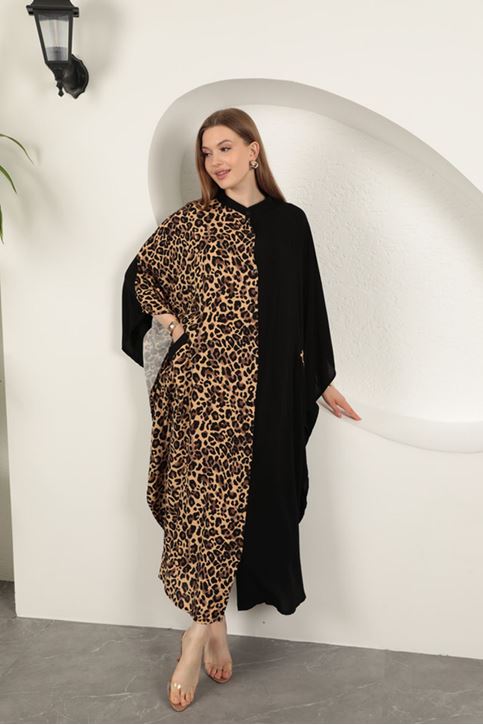 Viskon Kumaş Leopar Elbise-Siyah