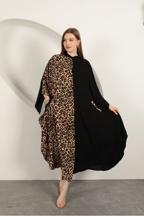 Viskon Kumaş Leopar Elbise-Siyah