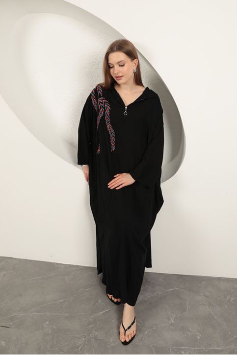 Viskon Yaprak Nakışlı Elbise-Siyah