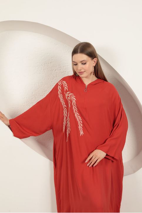 Viskon Yaprak Nakışlı Elbise-Oranj