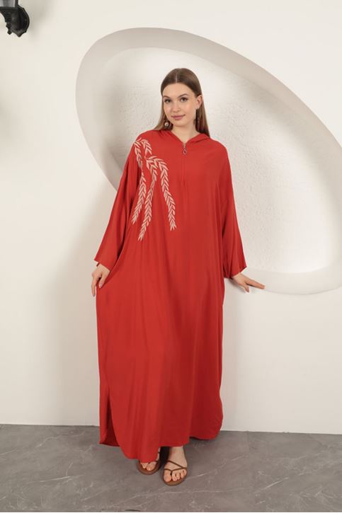 Viskon Yaprak Nakışlı Elbise-Oranj