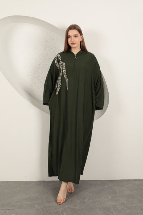 Viskon Yaprak Nakışlı Elbise-Haki