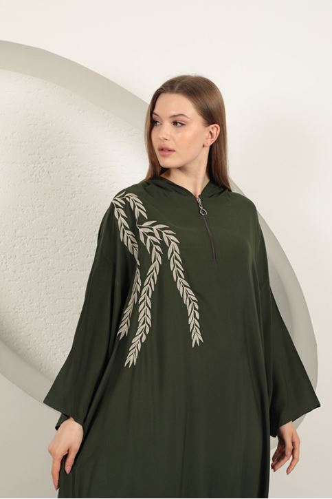 Viskon Yaprak Nakışlı Elbise-Haki