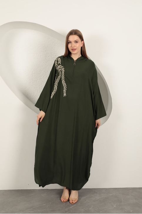 Viskon Yaprak Nakışlı Elbise-Haki