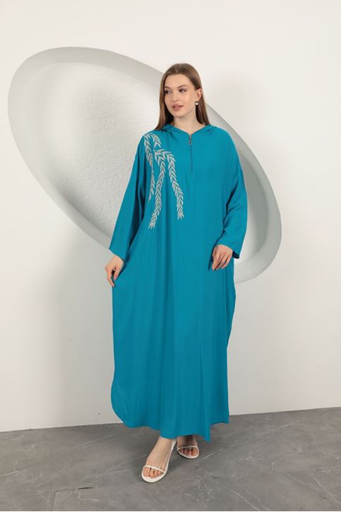 Viskon Yaprak Nakışlı Elbise-Mavi