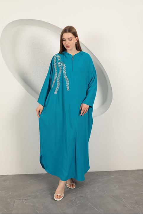 Viskon Yaprak Nakışlı Elbise-Mavi