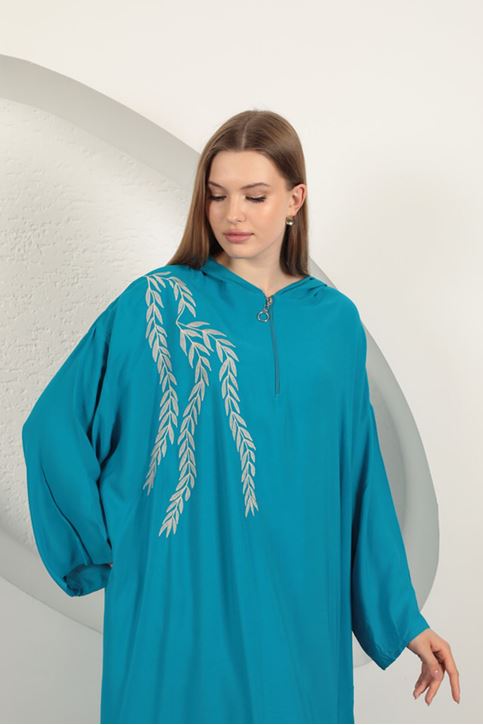 Viskon Yaprak Nakışlı Elbise-Mavi