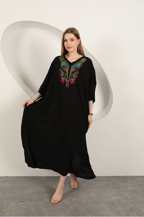 Viskon Kumaş Nakışlı Elbise-Siyah