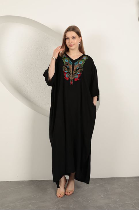 Viskon Kumaş Nakışlı Elbise-Siyah