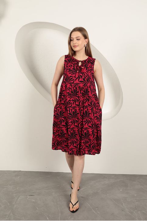 Viskon Kumaş Yaprak Desenli Elbise-Fuşya