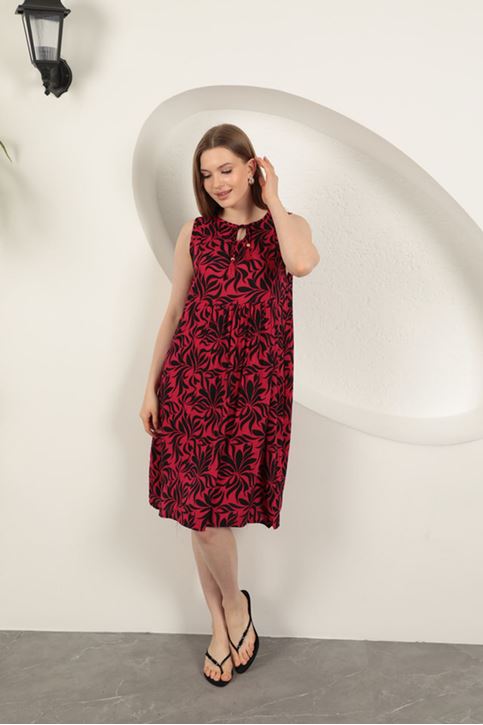 Viskon Kumaş Yaprak Desenli Elbise-Fuşya