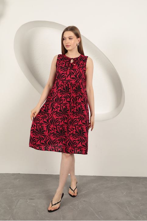 Viskon Kumaş Yaprak Desenli Elbise-Fuşya