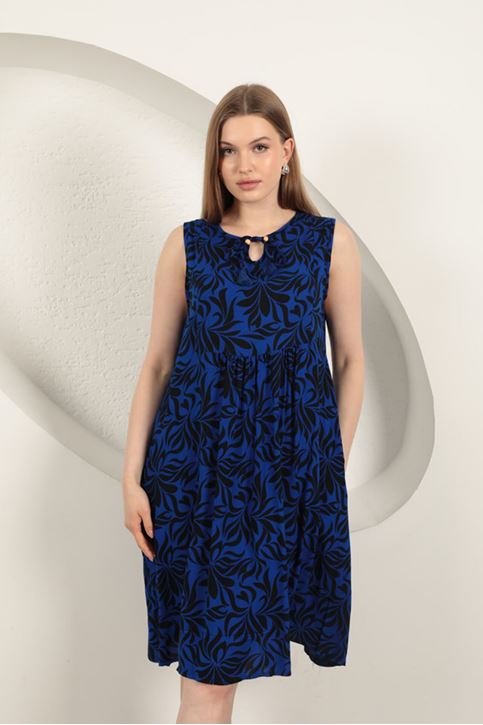 Viskon Kumaş Yaprak Desenli Elbise-Saks