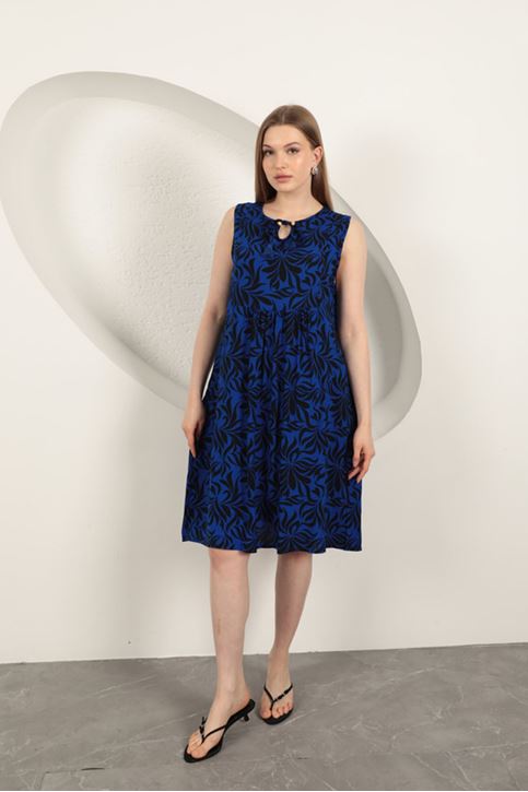 Viskon Kumaş Yaprak Desenli Elbise-Saks