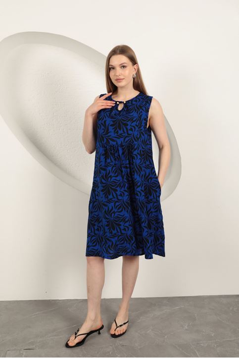 Viskon Kumaş Yaprak Desenli Elbise-Saks