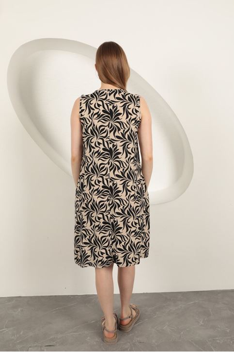 Viskon Kumaş Yaprak Desenli Elbise-Bej