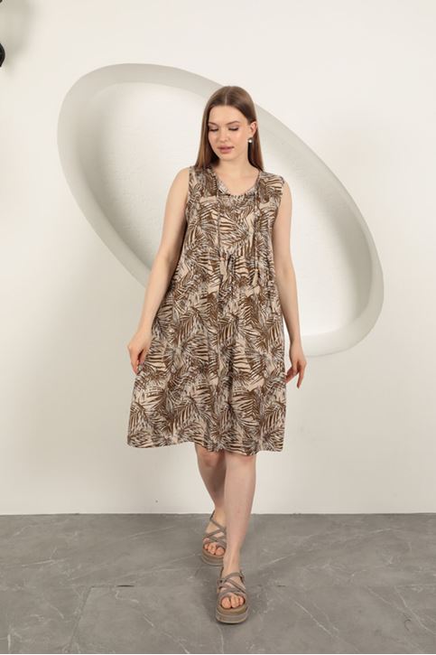 Viscose Fabric Palm Tree Pattern Dress-Coffee