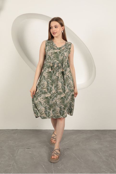 Viscose Fabric Palm Tree Pattern Dress-Green