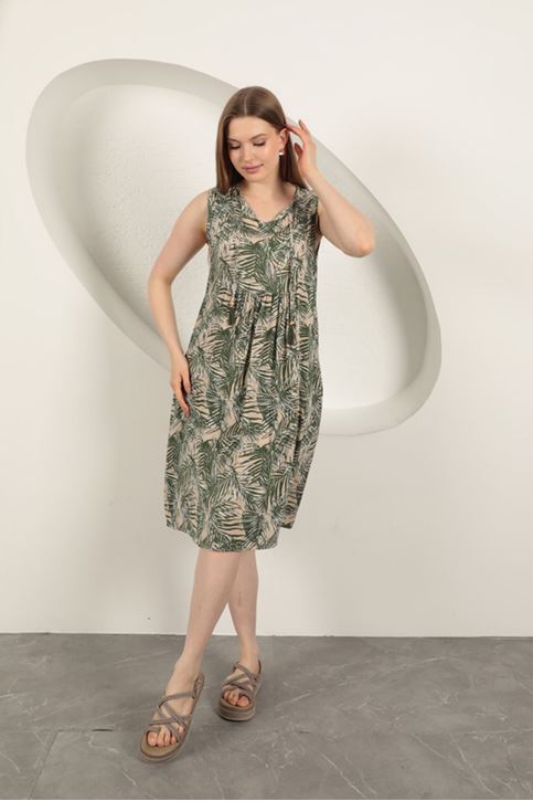 Viscose Fabric Palm Tree Pattern Dress-Green