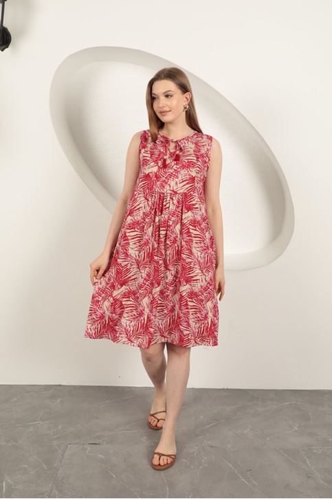 Viscose Fabric Palm Pattern Dress-Red