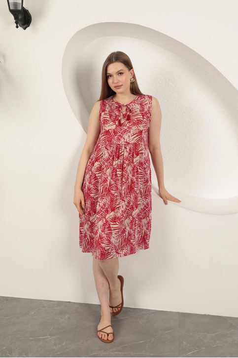 Viscose Fabric Palm Pattern Dress-Red