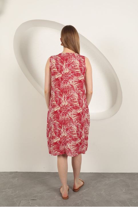 Viscose Fabric Palm Pattern Dress-Red