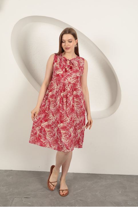 Viscose Fabric Palm Pattern Dress-Red