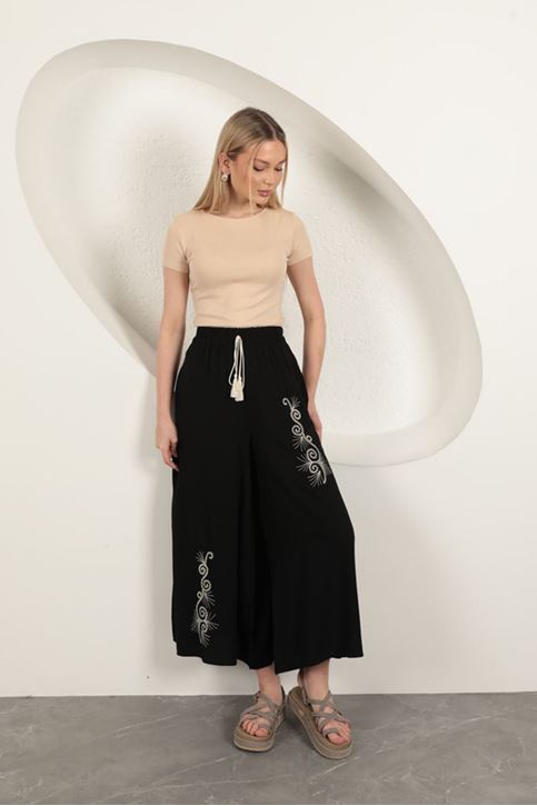 Viskon Kumaş Nakışlı Kadın Pantolon-Siyah