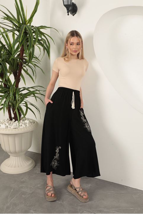 Viskon Kumaş Nakışlı Kadın Pantolon-Siyah