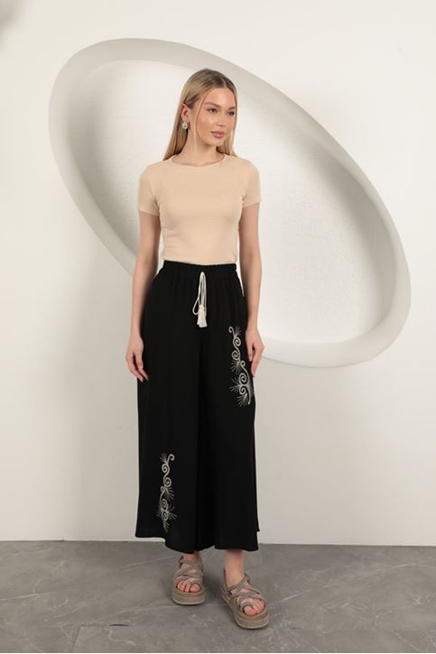 Viskon Kumaş Nakışlı Kadın Pantolon-Siyah