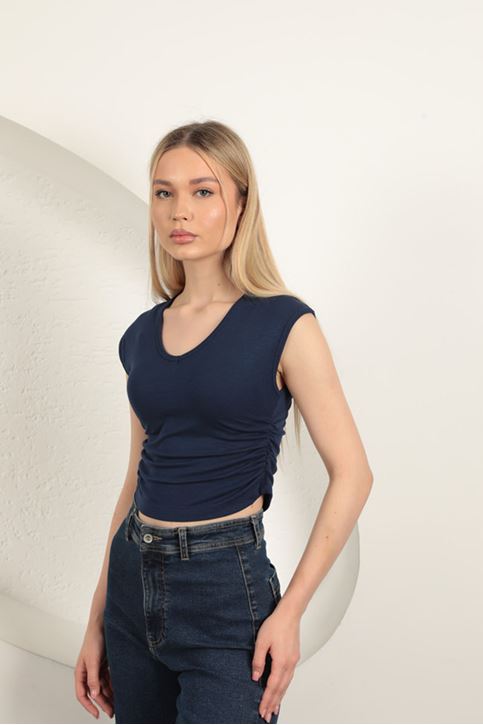 بلوزة جانبية مجمعة من قماش الفراولة والفيسكوز - أزرق داكن