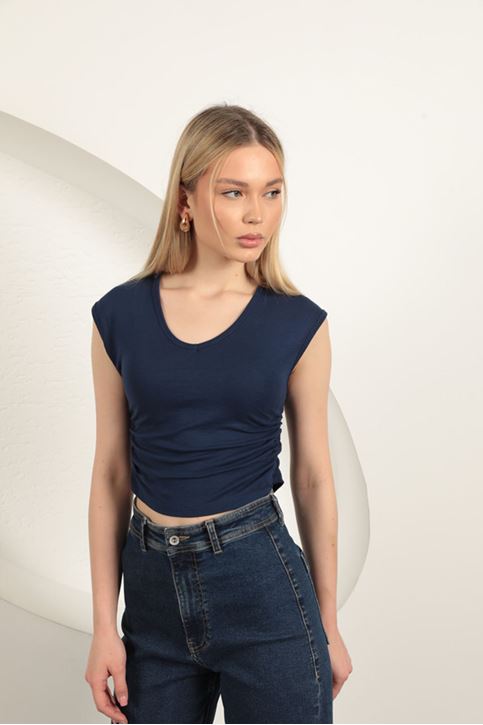 بلوزة جانبية مجمعة من قماش الفراولة والفيسكوز - أزرق داكن