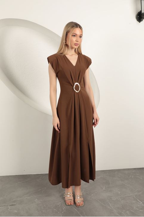 Buckle Detailed Dress-Brown
