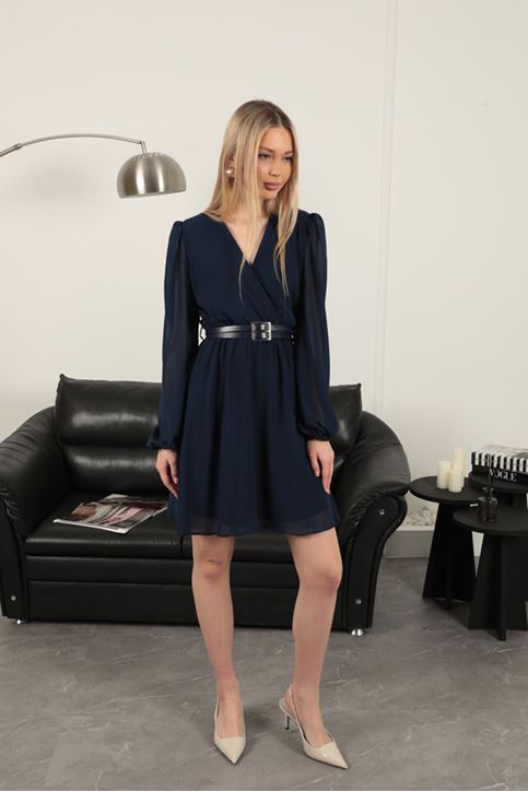 Chiffon Fabric Belted Dress-Navy Blue