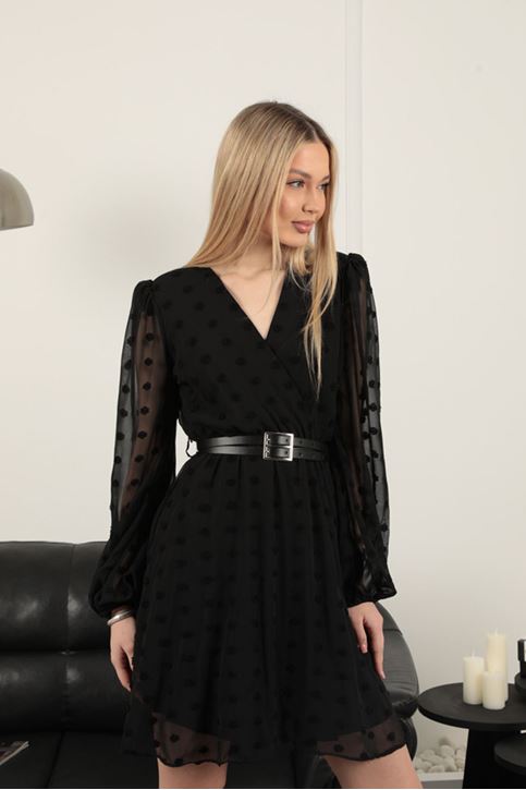 Chiffon Fabric Pompom Detailed Dress-Black