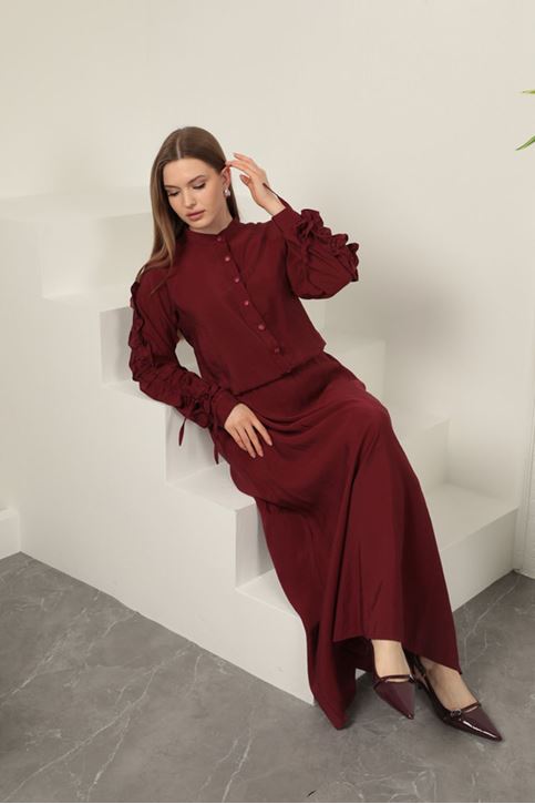 Modal Kumaş Kol Detaylı Takım-Bordo